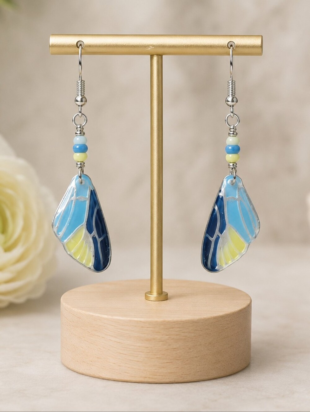 #551 HAND CRAFTED Earrings handcrafted handmade Resin Blue Yellow Butterfly Wing